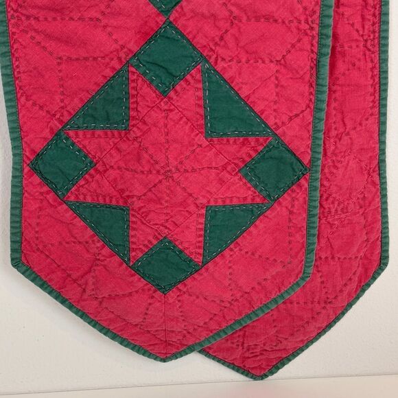 Vintage Handmade Quilted Christmas Star Table Runner Red Green 22x64 - Picture 3 of 9